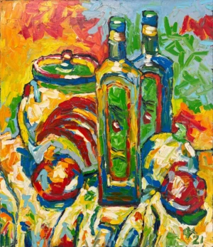 Untitled (Still Life with Fruit, Decorated Jar and Bottles)