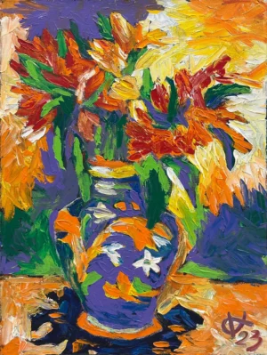 Untitled (Orange Flowers in Decorated Vase)