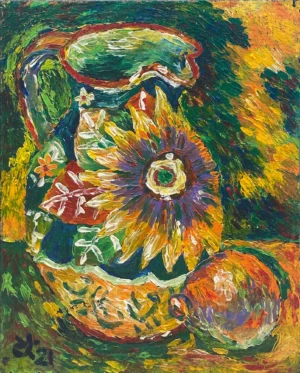 Untitled (Still Life with Fruit and Pitcher Decorated with Flowers)