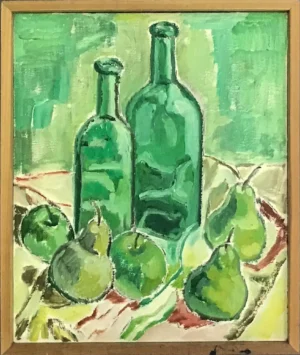 Untitled (Still Life with Green Bottles, Apples and Pears)