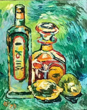 Untitled (Still Life with Bottle, Decanter and Fruit)